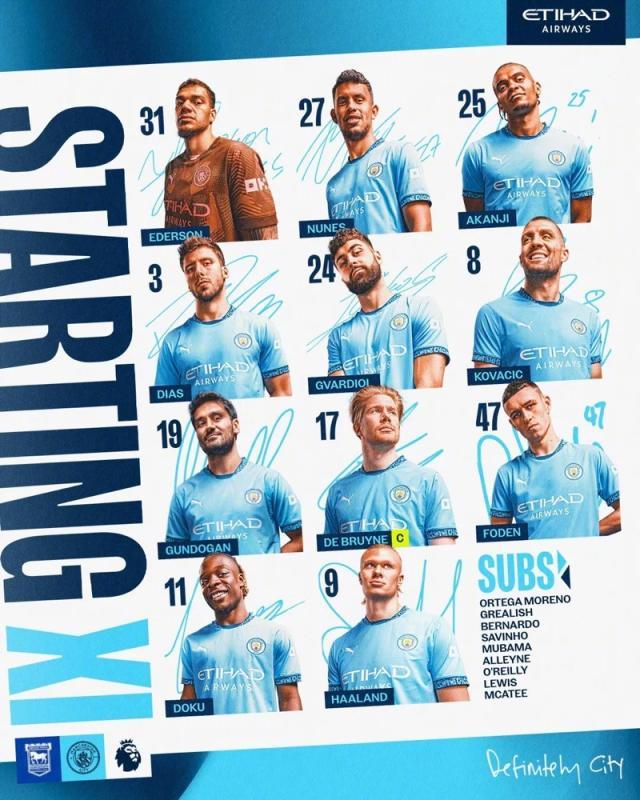 【英超】多点开花！曼城6球大胜伊普斯维奇！